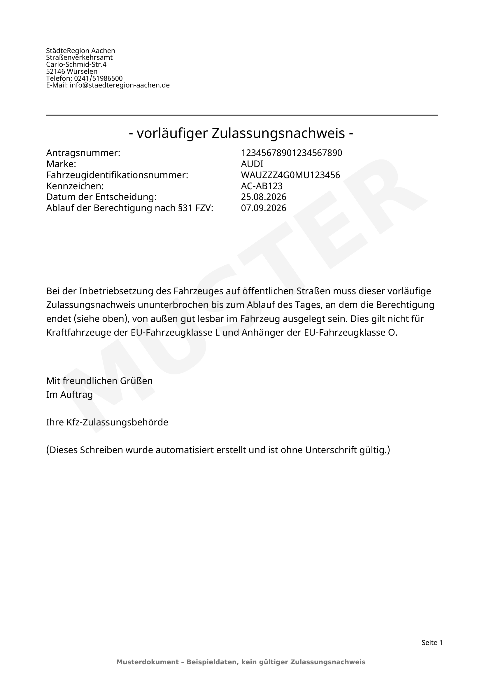 Muster eines vorläufigen Zulassungsnachweises