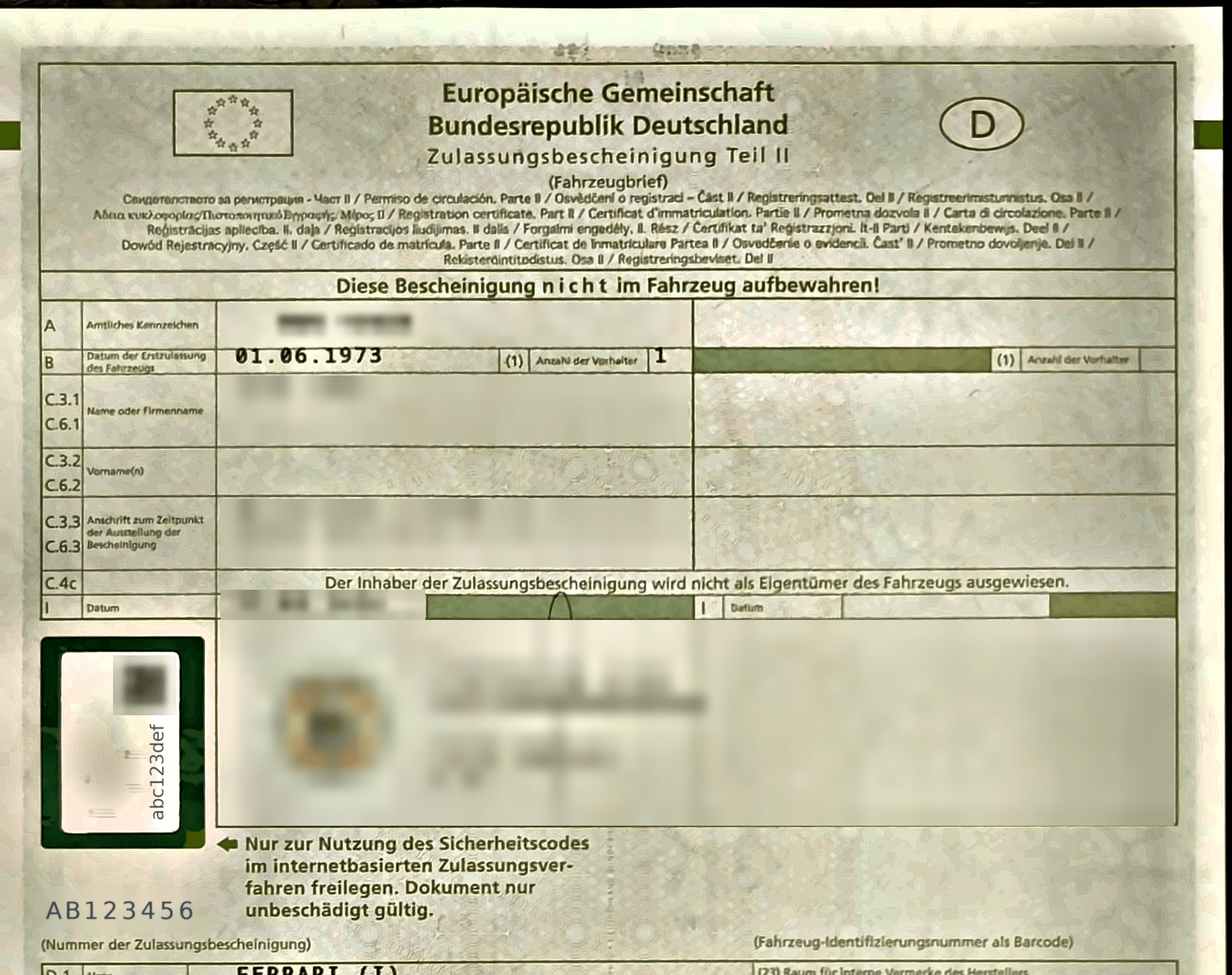 Zulassungsbescheinigung Teil II mit markierter Nummer des Fahrzeugbriefs