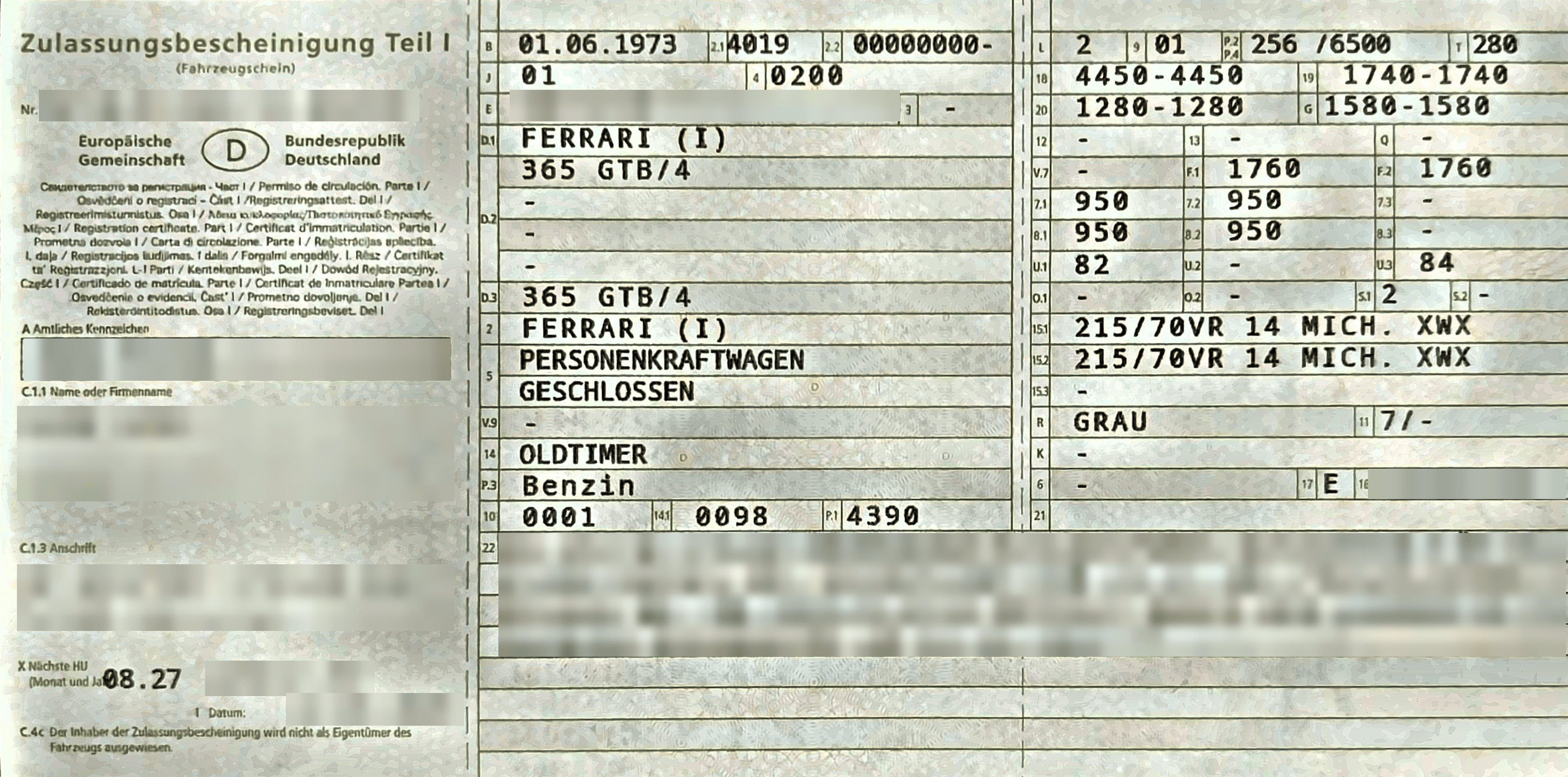 Zulassungsbescheinigung Teil I, Vorderseite, mit markierten Feldern Nr. und E