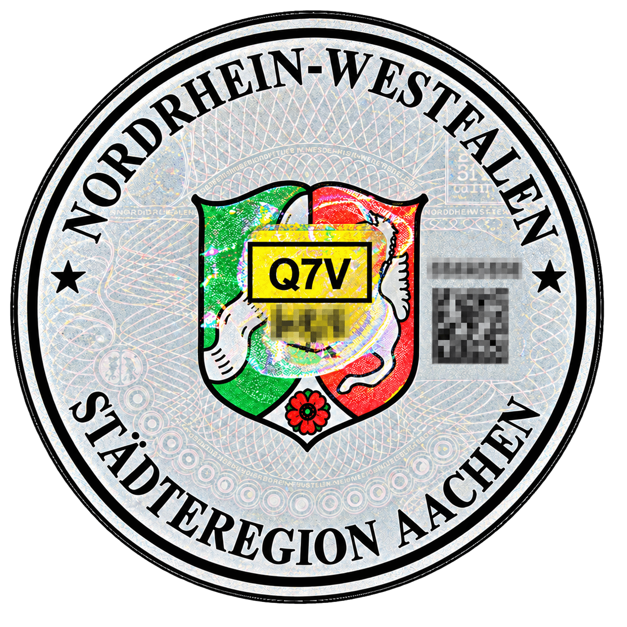 Nahaufnahme der Stempelplakette am vorderen Kennzeichen mit entsiegeltem Sicherheitscode