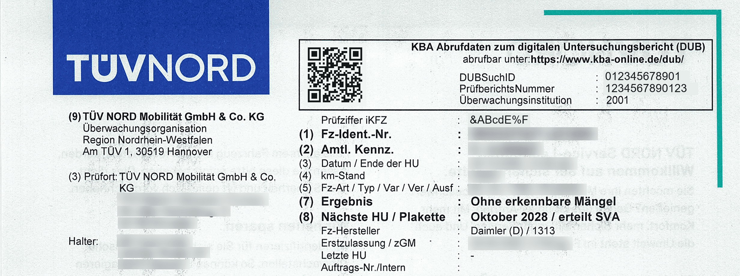 Ausschnitt des TÜV-Berichts mit markierter PrüfberichtsNummer und Prüfziffer iKFZ