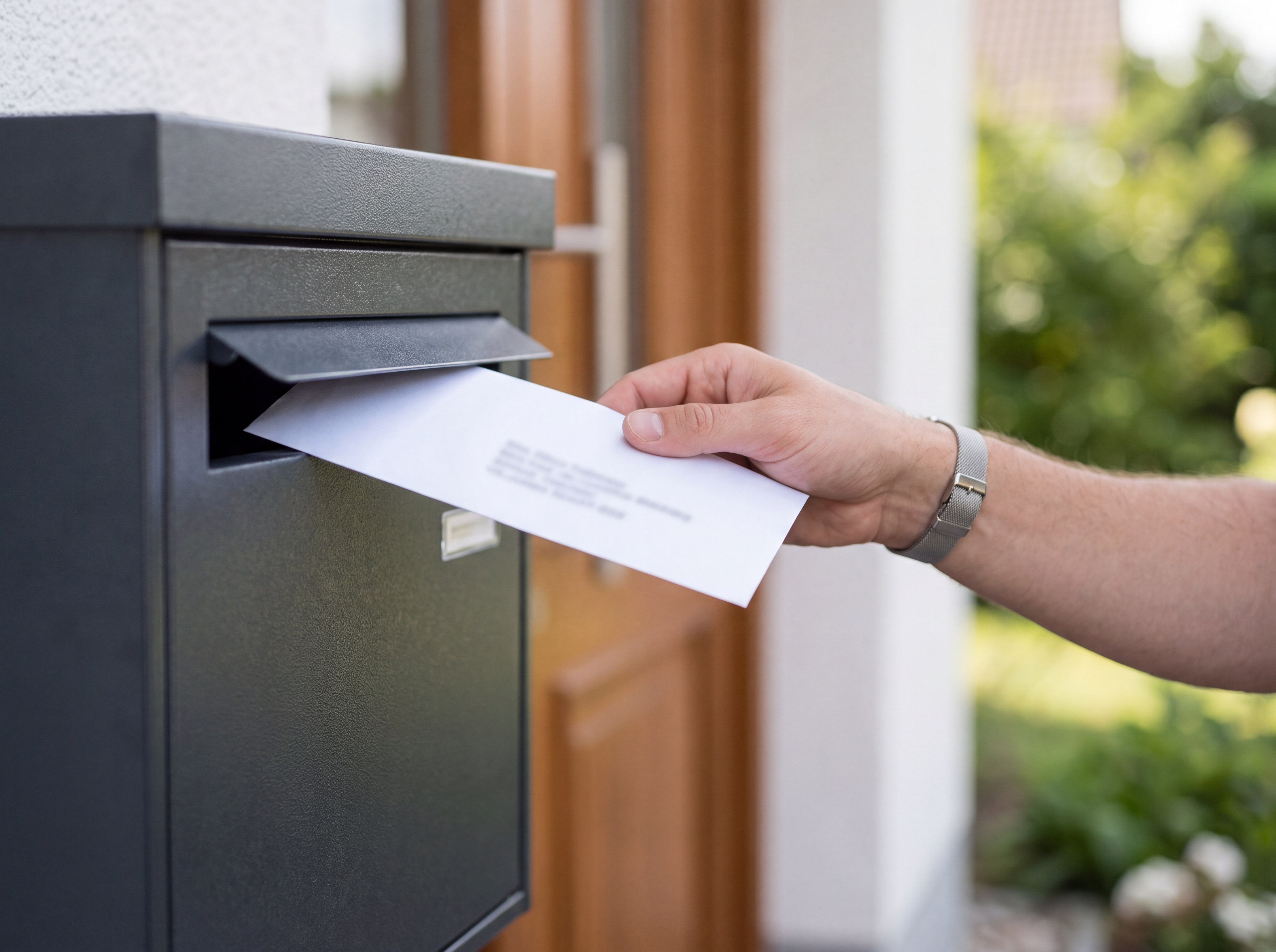 Brief mit Prüfplakette (HU-Plakette) und Stempelplakette wird in den Briefkasten eingeworfen
